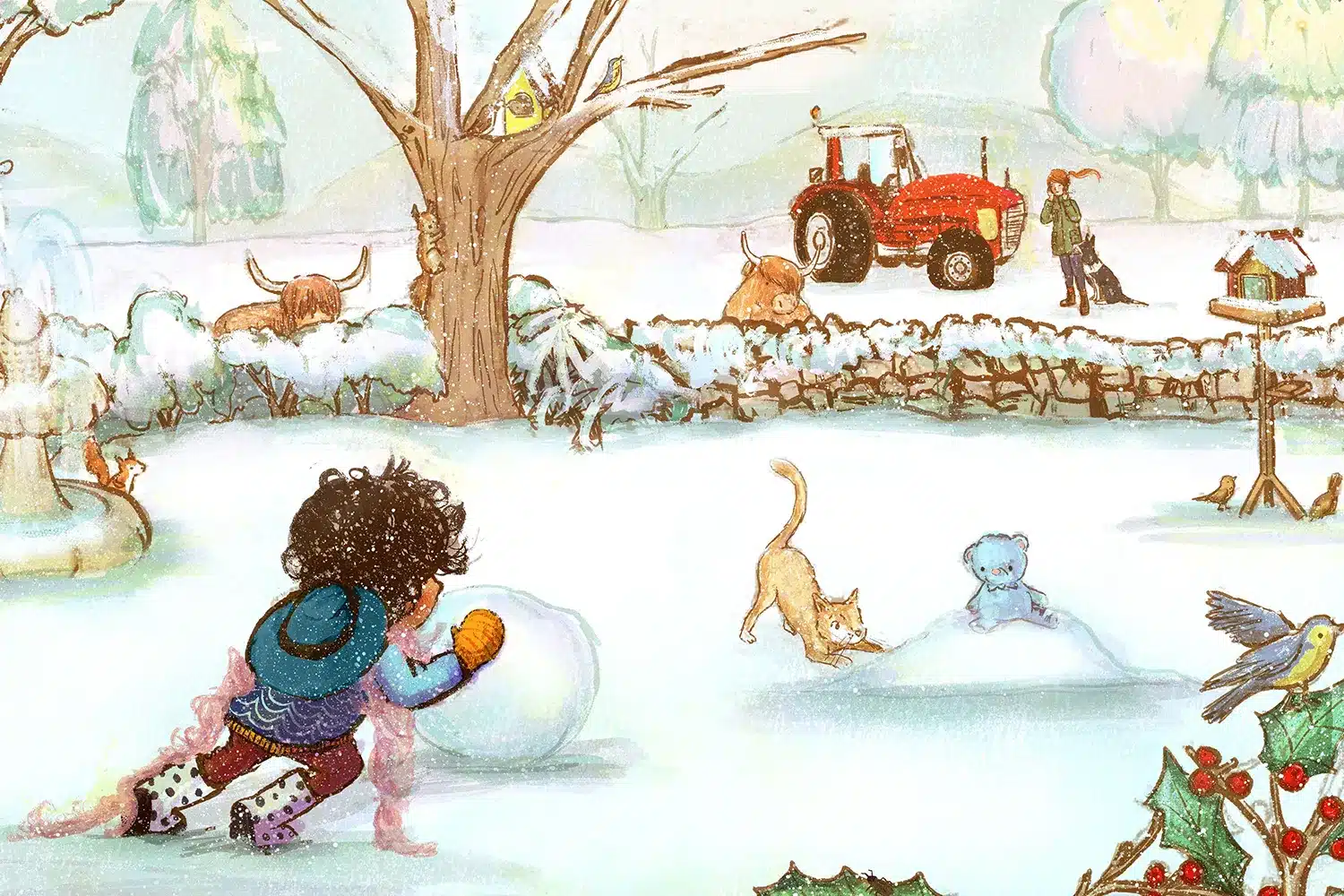 Silent snow page illustration of child rolling snowball, cat digging in snow and tractor.